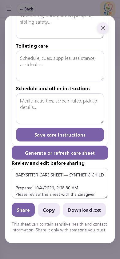 MTM caregiver information form connected to a fictional child profile.
