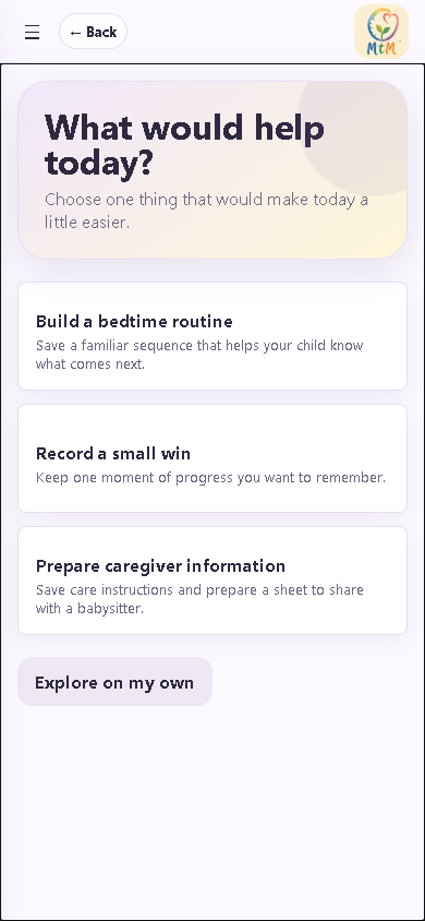 MTM offers bedtime routine, small win, or caregiver information as the first task.